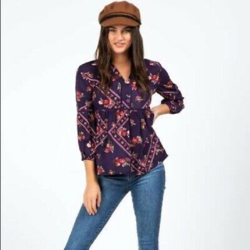 Francescas Purple Floral 3/4 Sleeves Blouse Size XL